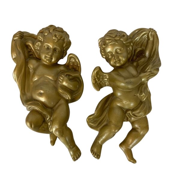 Homco Cherubs Angels Wall Decor Set Of 2 Gold Plastic Christmas Holiday - Picture 1 of 9
